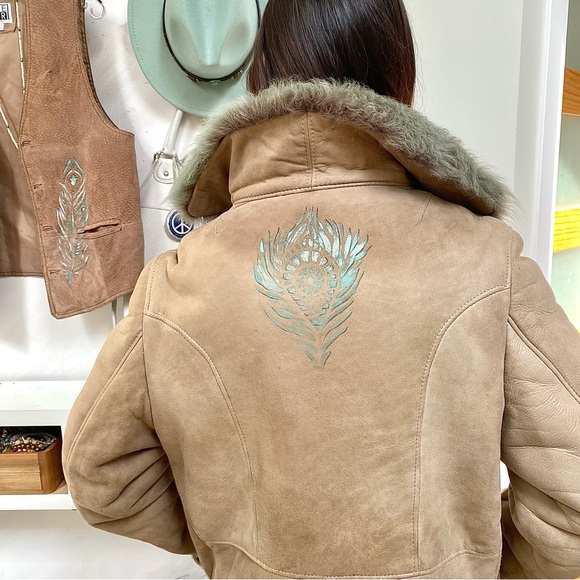 Handpainted Shearling rustic suede AQUA OMBRA leather Gypsy jacket blue feathers - Picture 3 of 15